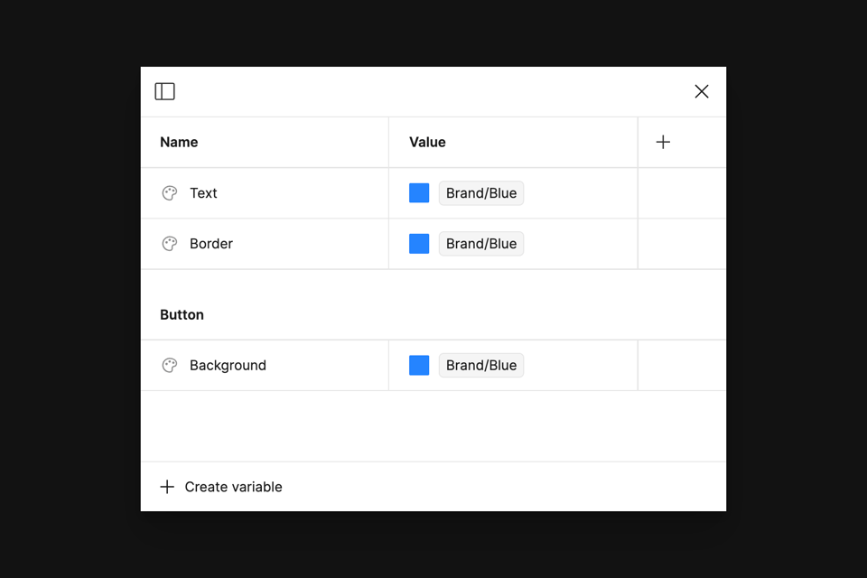 Figma's variables modal which shows three variables: text, border, and button/background — all linked to a variable called Brand/Blue.