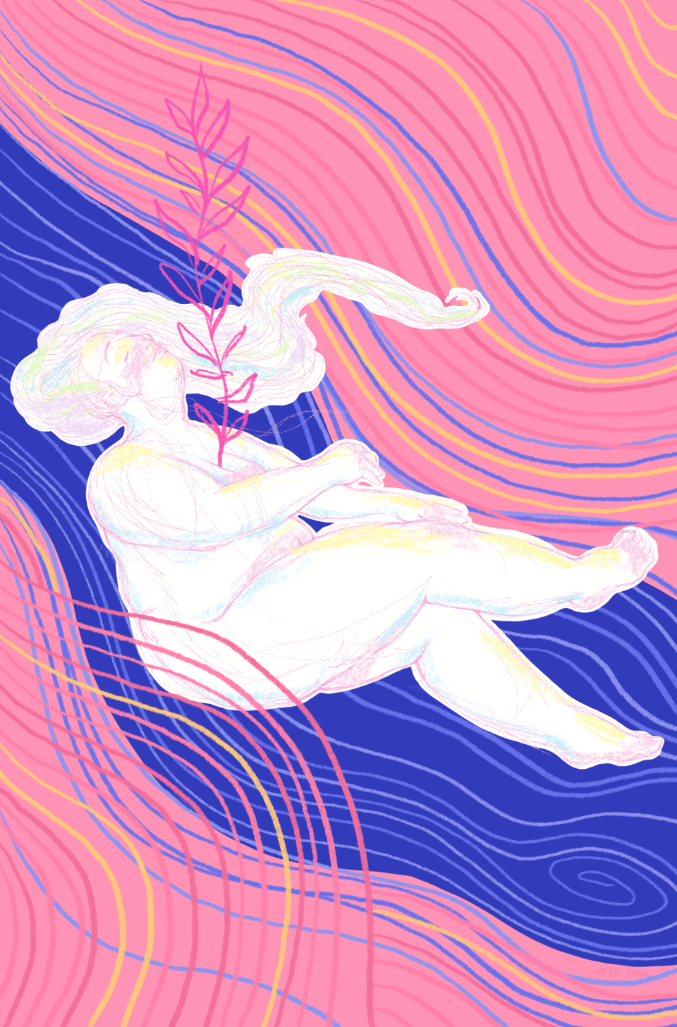 A colorful, abstract illustration of a fat person floating on their back amidst a pink and blue background covered with lines of texture in pinks, blues, and yellows. The person looks serene as they tilt their head back with a smile. The line work for the figure is messy and colorful, and a vining plant grows straight up from their chest, reaching toward the sky.