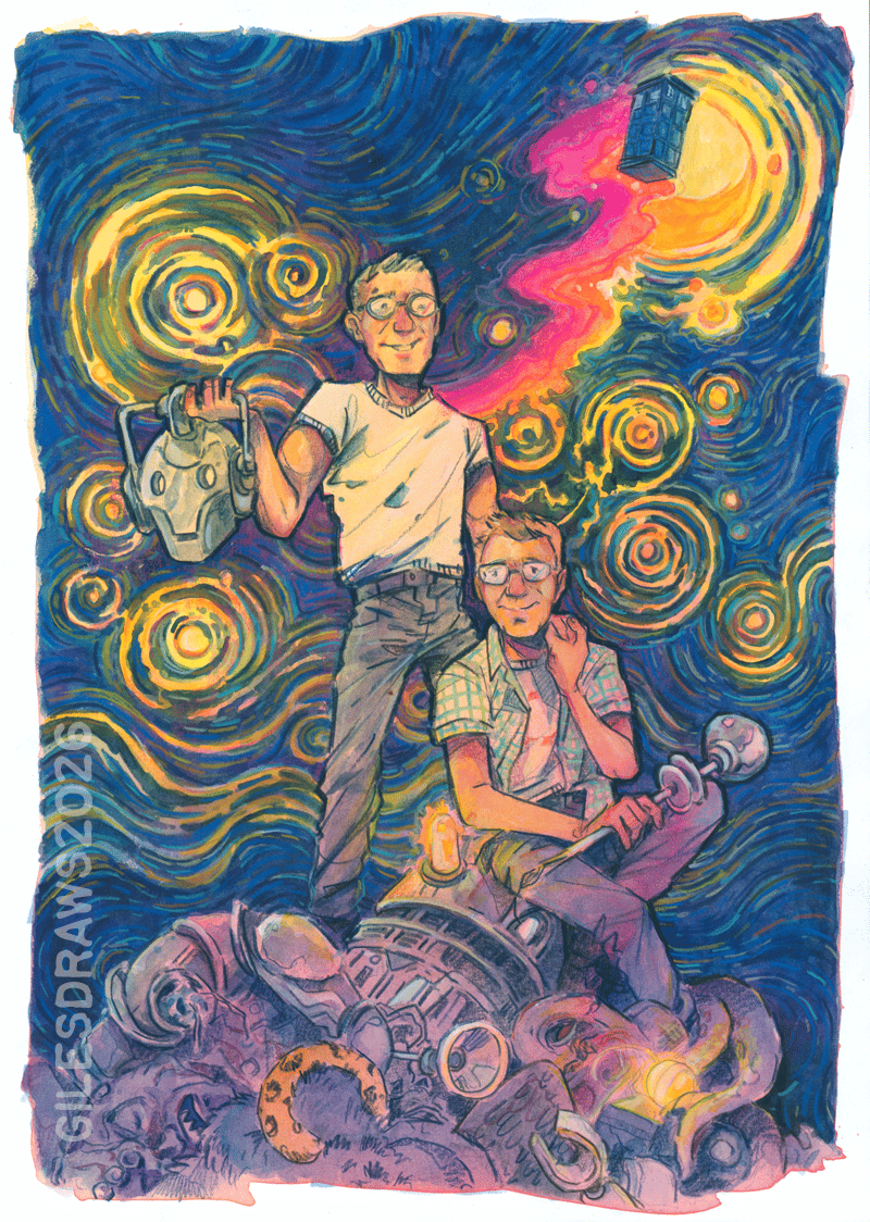 A painting of Barry and Tristan standing on a mountain of dead Dr Who villains.