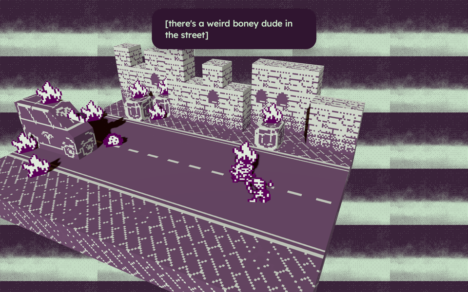 A screenshot from "procuring estrogen for your toxic slime girlfriend." text on screen reads "there's a weird boney dude in the street"