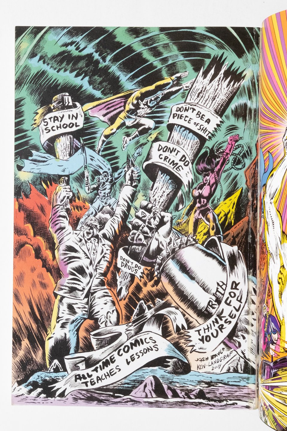 a pinup page from All Time Comics by Josh Bayer and Ken Landgraf. It depicts the All Time Heroes against an epic backdrop of inspirational phrases like "stay in school" and "don't be a piece of shit"
