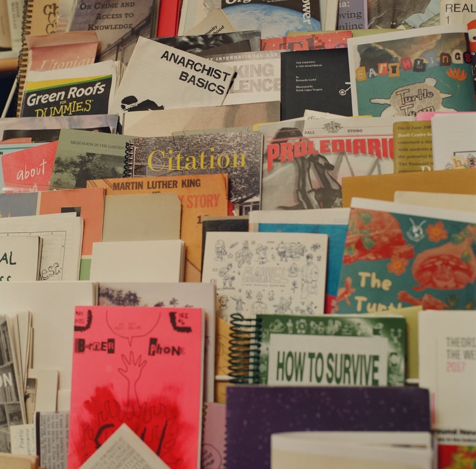 [A tiered magazine rack full of publications. Anarchist Basics can be glimpsed, as well as Green Roofs for Dummies, How to Survive, and Citation.]