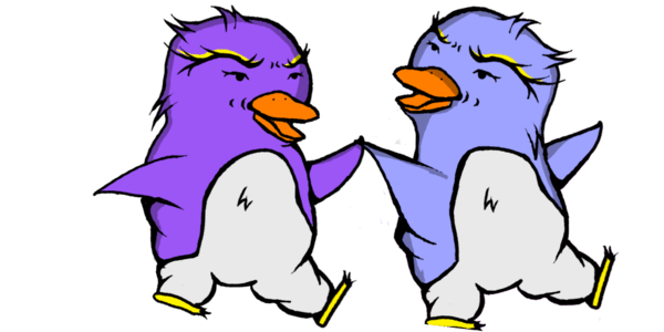 Mac and Adele the purple penguins holding hands and frolicking