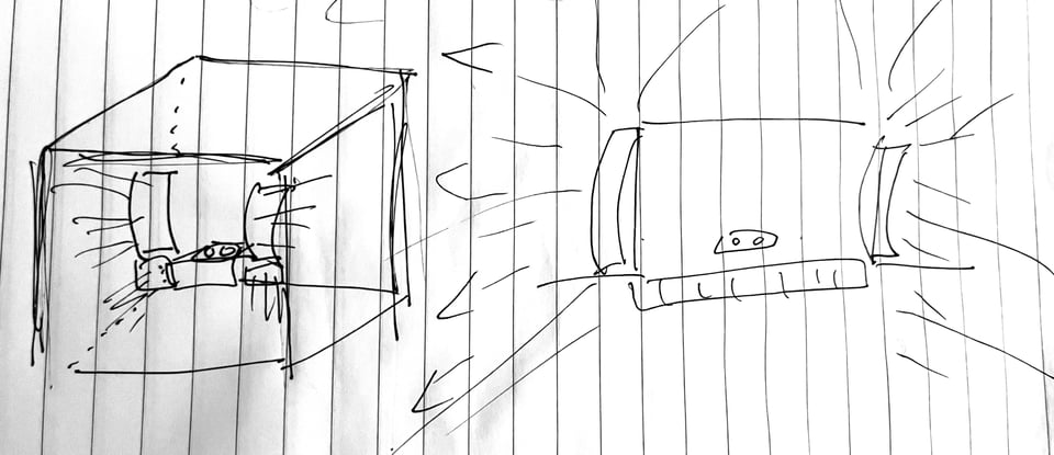 Diagram of a small box, with a sketch of a DJ deck and speaker stacks on either side, with arrows pointing to the walls from the speaker stacks, plus an outdoor stage with a DJ deck and speaker stacks and arrows going off into the distance, representing sound waves