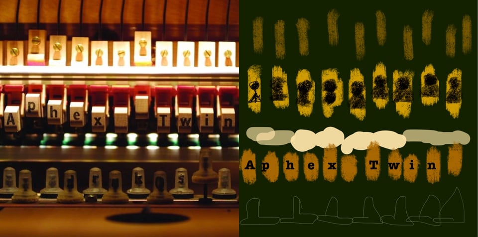 A close-up of some kind of machine like a typewriter or printing press or perhaps the inside of a piano? The image is divided into three horizontal strips, and each strip contains a row of blocks. The top row has wooden blocks with what looks like a brass screw in each block. The second row are smaller squarish wooden blocks, and they spell out, one block per letter, APHEX TWIN. The third row are smaller, tombstone-shaped nodules, and I think they spell out DRUKQS but it's difficult to see, that row is darker, has less light.