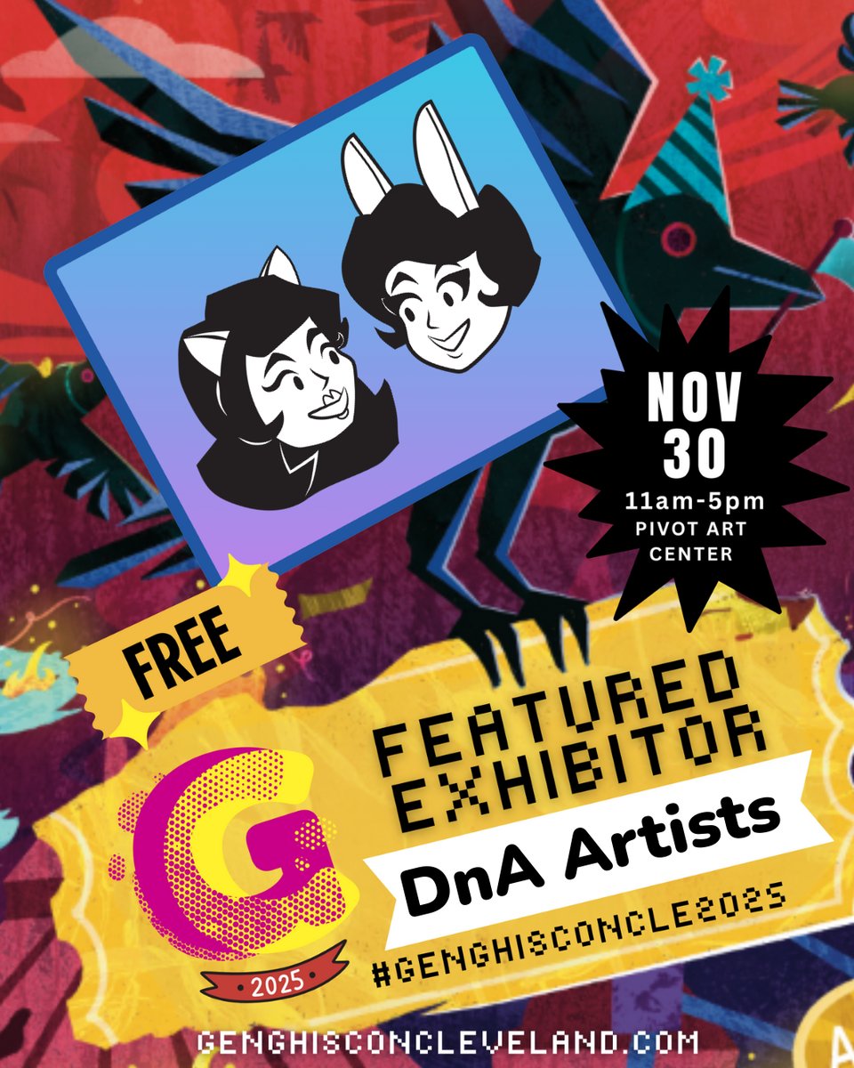 Graphic advertising Genghis Con with DnA listed as a featured exhibitor. Nov 30, 11am - 5pm, Pivot Art Center, FREE