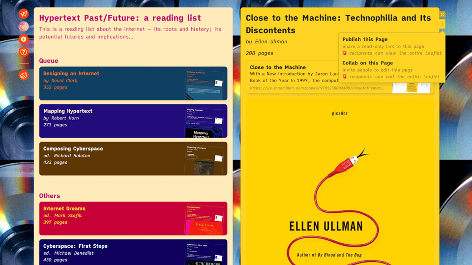 screenshot of sharing the book page for Close to the Machine from our Hypertext Past/Future reading list doc