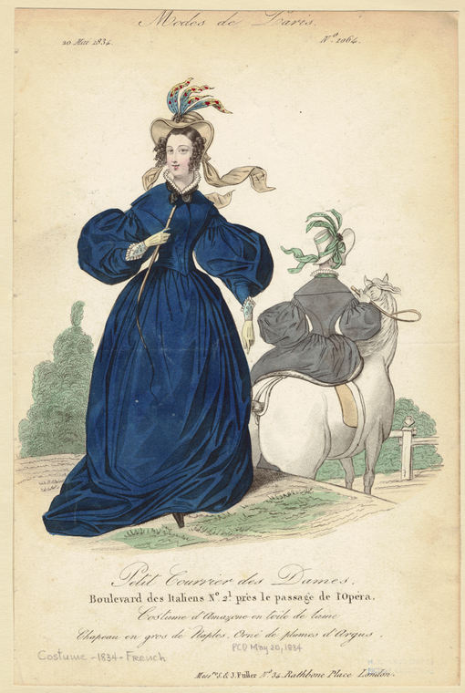 A fashion plate depicting a woman in a riding habit facing the viewer, and another woman riding a horse facing away.