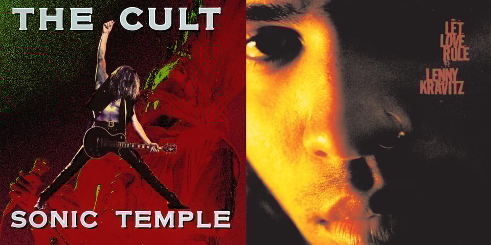 First pic: A photo of guitarist Billy Duffy, a white guy with long hair that completely covers his face. He's shirtless save a vest, and wears leather pants. He's taking a triumphant pose, with one hand pointed in the air, the other hand on the neck of the guitar, and his legs spread out -- he forms a kind of triangle shape. This is in front of a heavily distorted close up of singer Ian Astbury, his head thrown back and a microphone in his hand. This picture of him is almost totally in red, with some green highlights. Second pic: An extreme close up of Lenny Kravitz, a Black man. All we can see are his right eye, his nose, and lips. He looks into the camera. He has a ring piercing his nostril. He might have a piercing elsewhere out of frame.