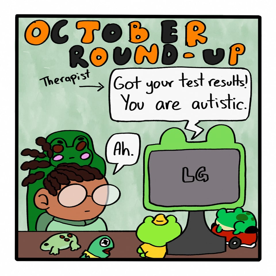 Vincent sits in a frog chair, in front of a frog computer, surrounded by frogs as they are being told by their therapist that they are autistic. Vincent appears unenthused.