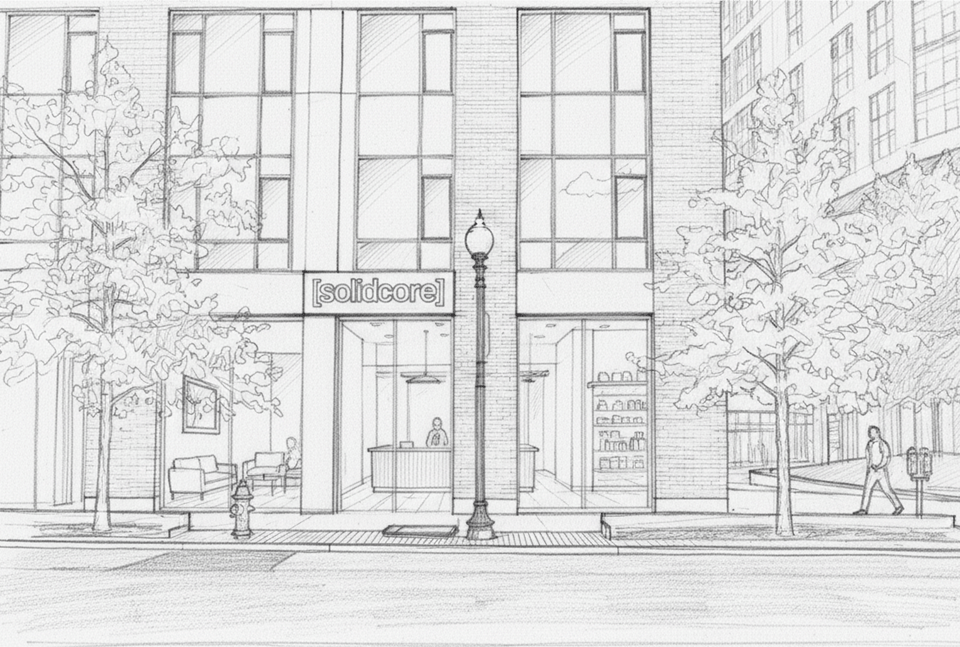 AI-generated pencil sketch of the same "solidcore" studio, with clear glass showing the interior reception desk, seating, shelves, and ceiling lights, in contrast to the opaque windows in the photo.