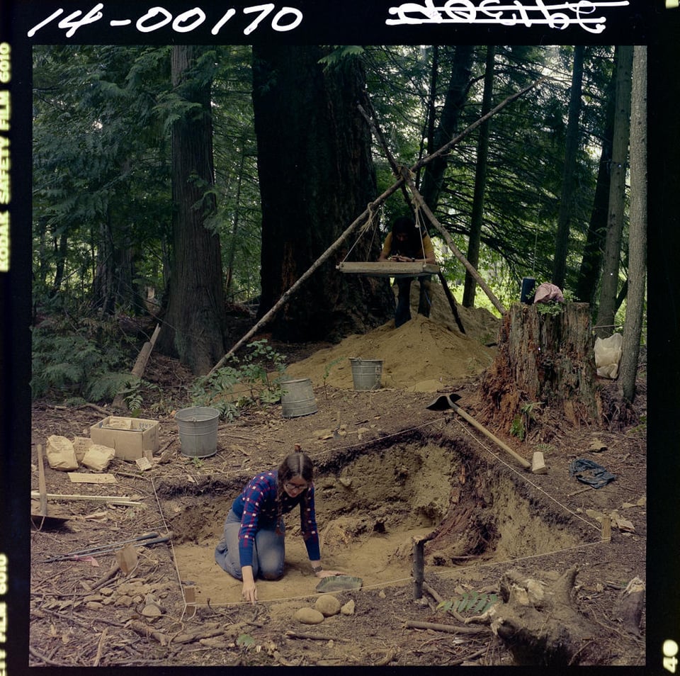 Colour photo. A person inside an archaeological dig site. It is a forest floor and there are buckets and tools