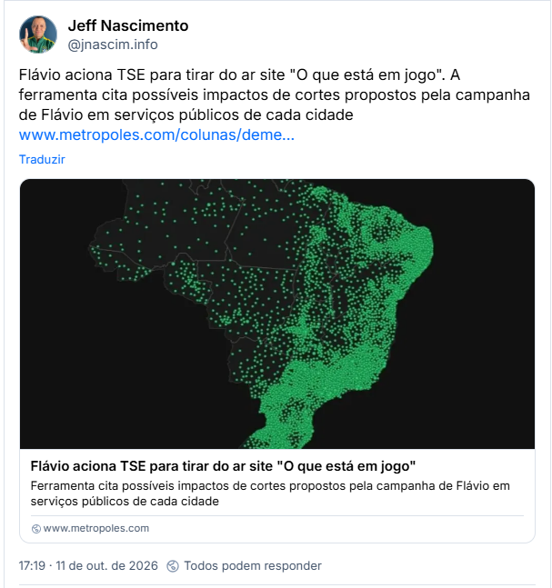 Post de Jeff Nascimento (@jnascim.info): Flávio aciona TSE para tirar do ar site "O que está em jogo". A ferramenta cita possíveis impactos de cortes propostos pela campanha de Flávio em serviços públicos de cada cidade (link para a notícia)