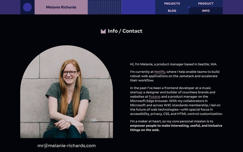 The info page showing a photo of Melanie and a short bio