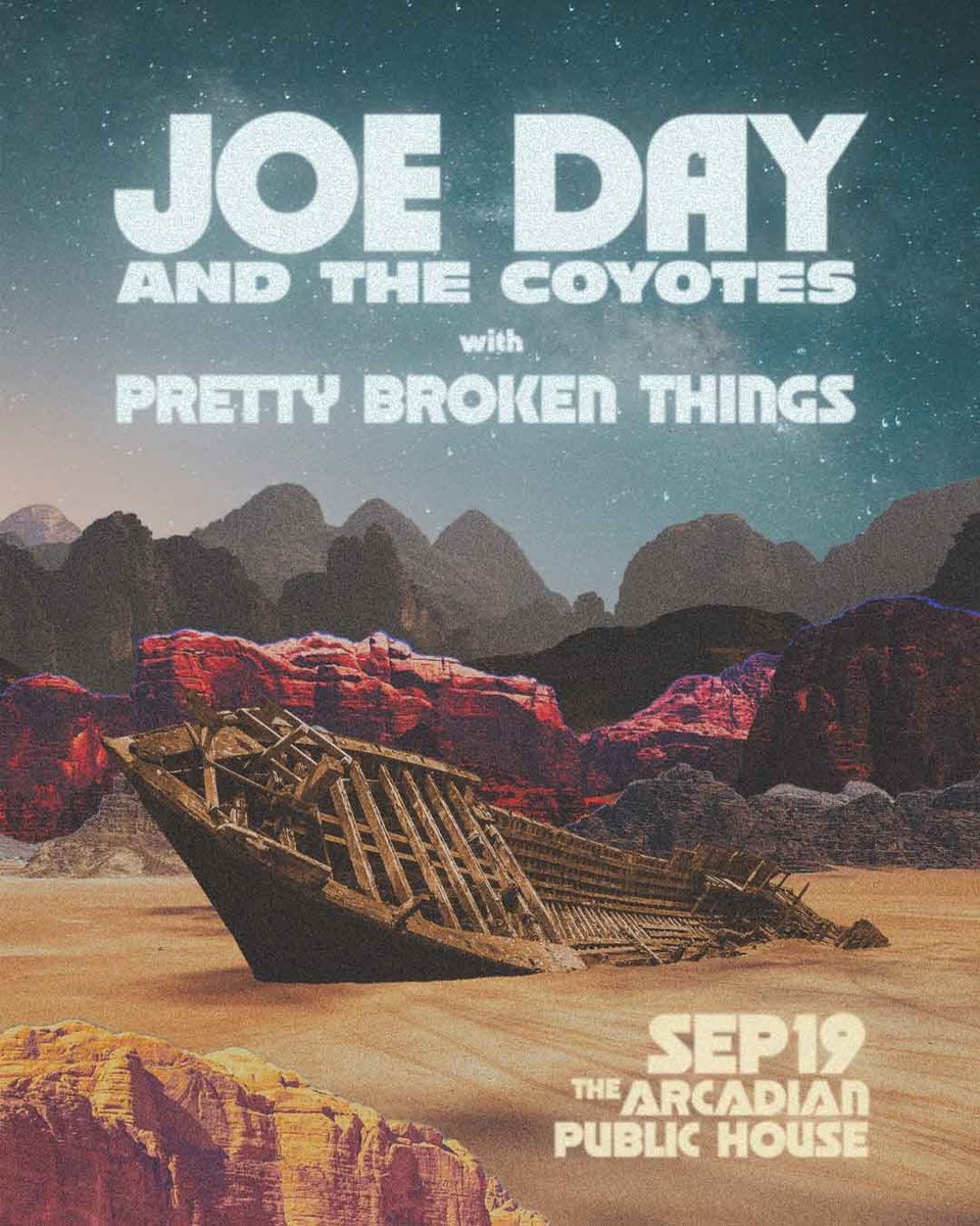 A surrealistic collage poster of a ship stranded in a sea of sand amidst desert mountains for Joe Day's Wilderness preview show