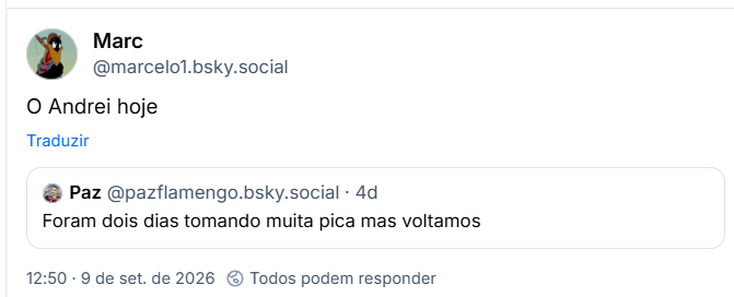 Post de Marc (@marcelo1.bsky.social): O Andrei hoje
Citação ao post de Paz (@pazflamengo.bsky.social): Foram dois dias tomando muita pica mas voltamos