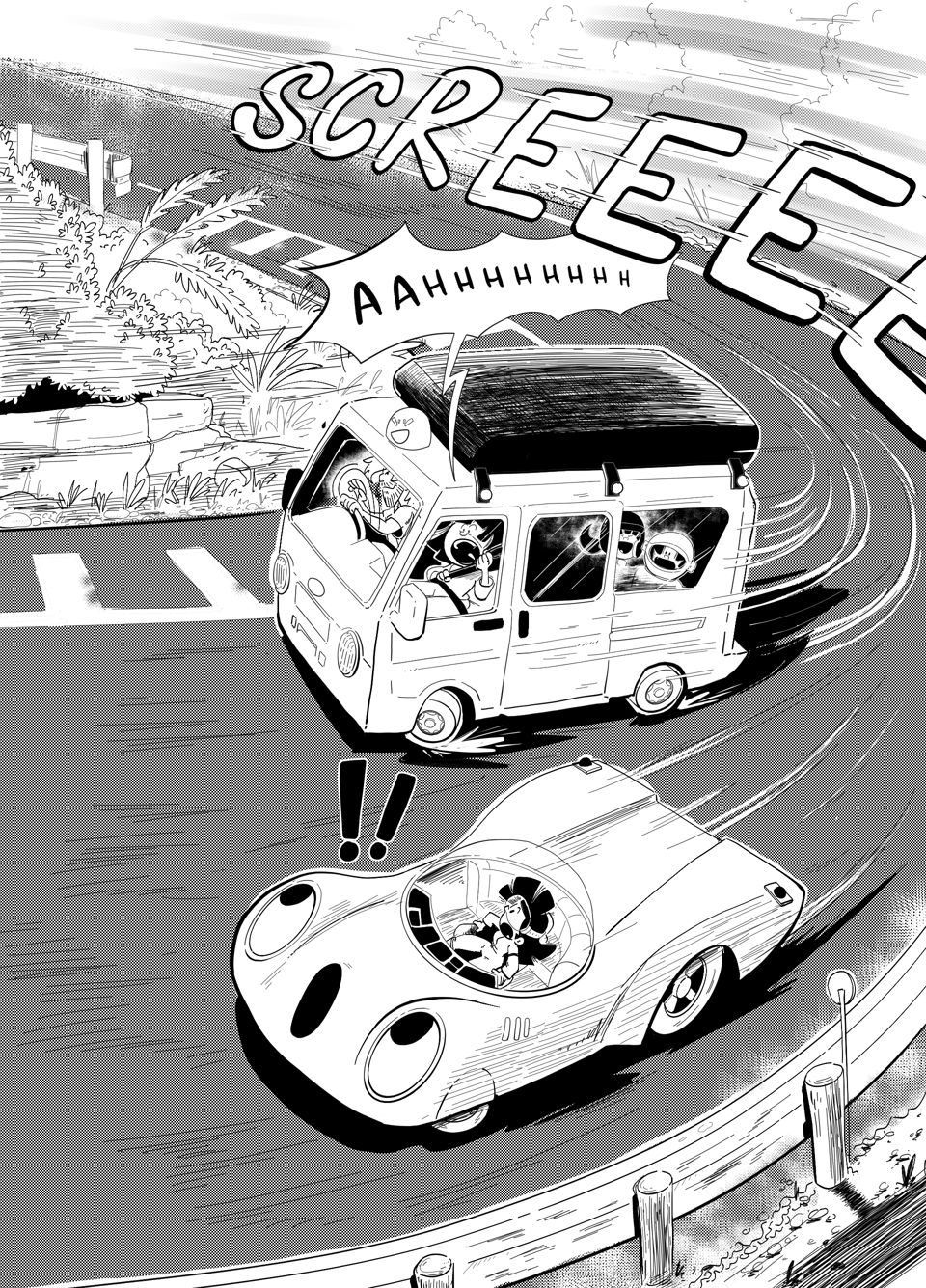 Worldracers Japan pg 8, Spread of the camper can drifting around the hairpin corner, "Screeeee." As the Mom screams, "Ahhhhh" The kids are laughing in the back. And Racecar has a funny surprised expression. 