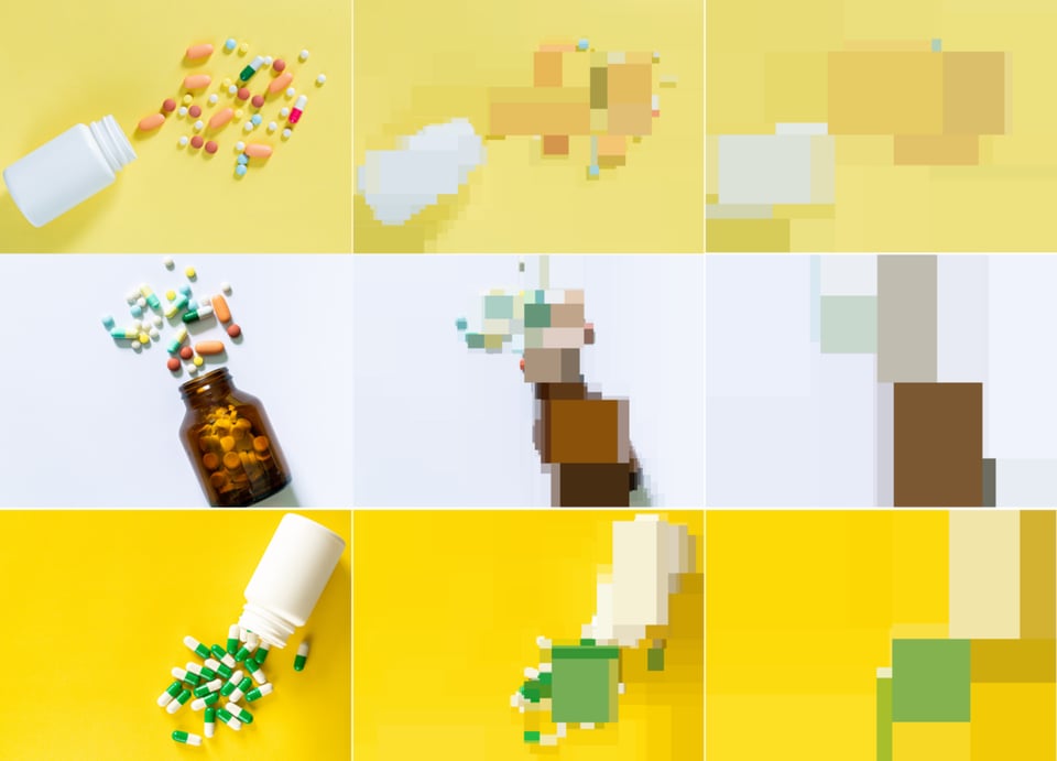 This picture is made up of 9 images in rows of 3. Each row shows a different image of a pill bottle spilling out pills onto a plain surface, on yellow or white backgrounds. On one side, the image is an original photograph. The next two iterations show it getting represented in progressively larger blocks of colour.