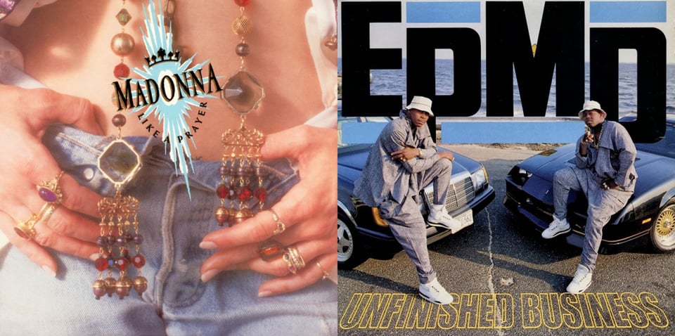 First pic: A close up of Madonna's exposed belly and crotch of her jeans. The top buttons of the jeans are unbuttoned. Madonna's hands are on top of her jeans, her thumbs tucked inside. Two long pieces of jewelry hang (presumably) from her neck, strings with various gems and baubles and rings on them. They probably have Catholic significance but I do not know what. If you want to see Madonna's face, cf. Ciccone Youth, THE WHITEY ALBUM.  Second pic: Two young Black men, dressed in identical loose-fitting grey clothing, white sneakers and white kangol hats, each sit on the hood of a car. They look at the camera. The cars are parked facing each other at an angle. Beyond them is the ocean.