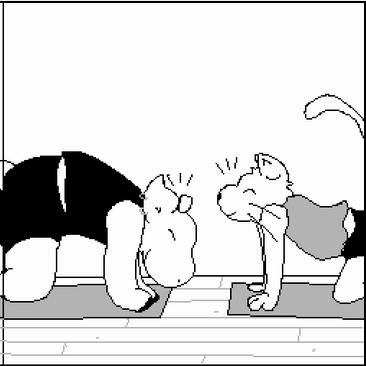 grayscale digital cartoon of an anthropomorphic bovine and an anthropomorphic cat doing yoga