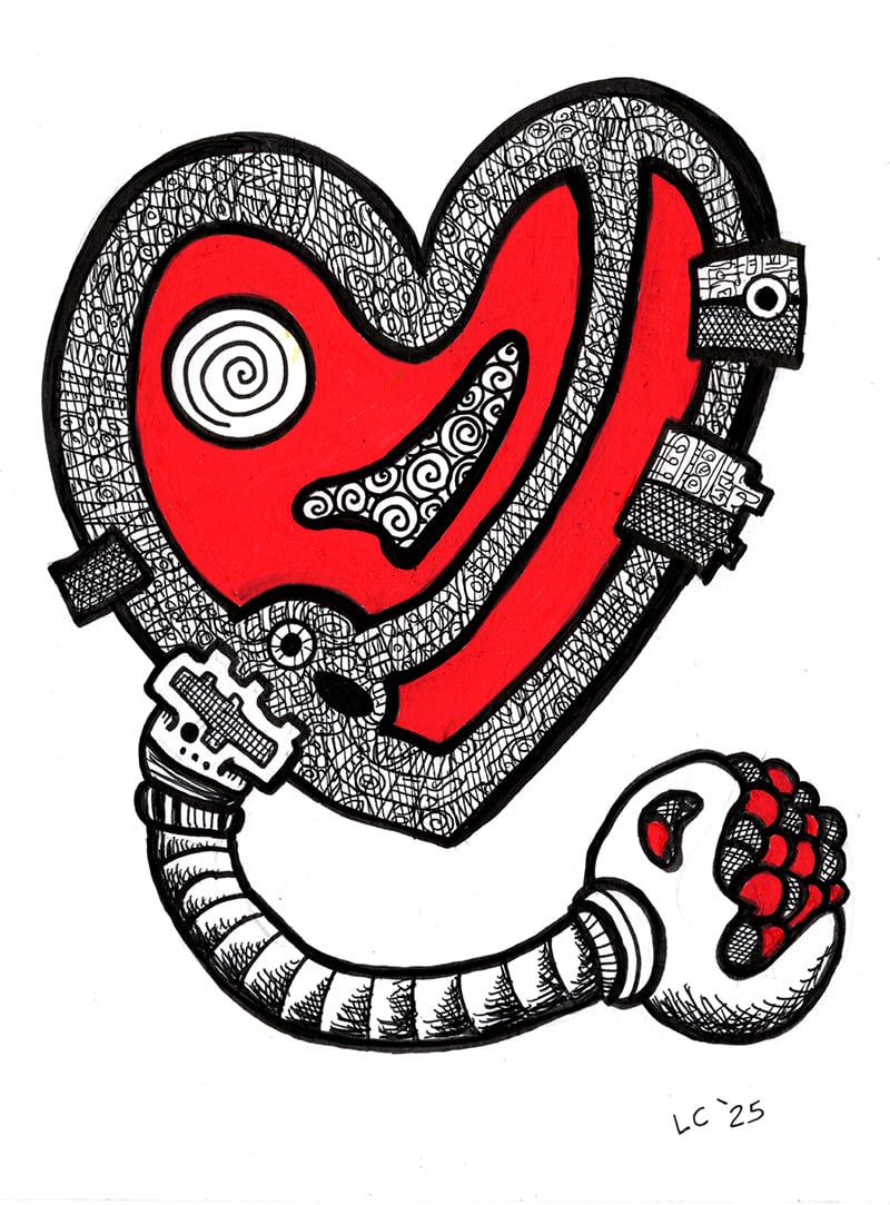 A drawing I did of a high-tech cartoon heart, black and white and bright red.