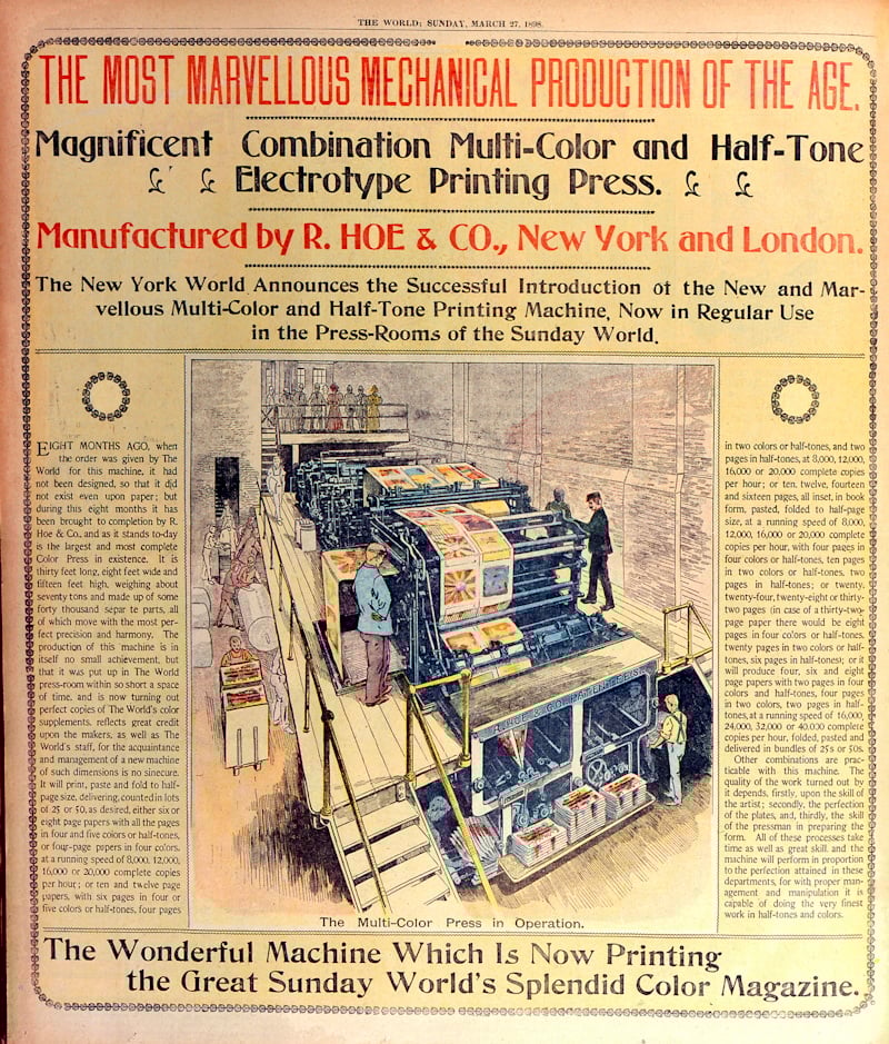 page from the The New York World, March 27, 1898, showing a new color press (as a drawing) with the headline The Most Marvelous Mechanical Production of the Age