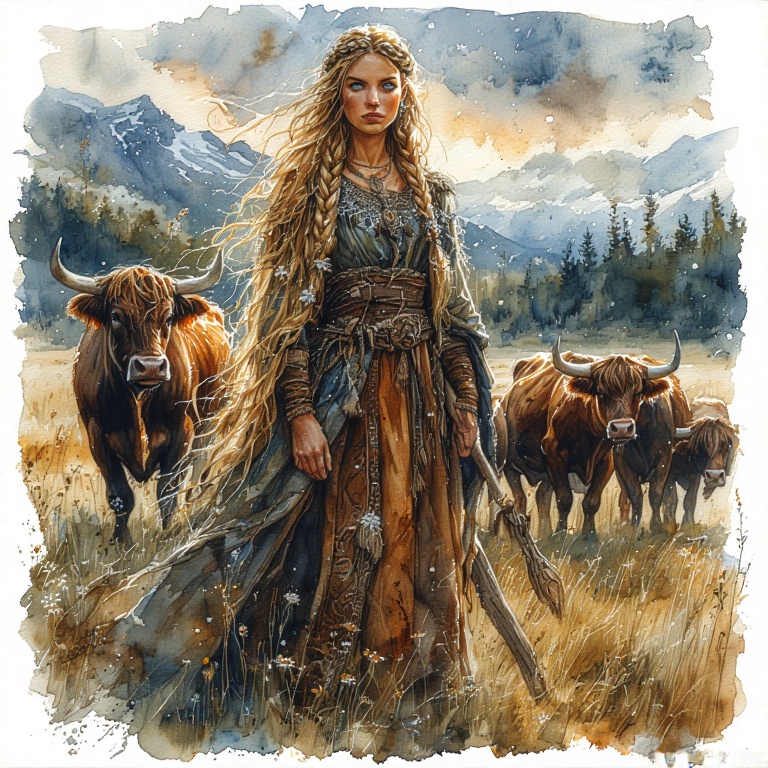 Watercolor illustration of a blonde woman in braids and medieval Scandinavian dress, standing in a field of wheat with a few powerful oxen grazing behind her.