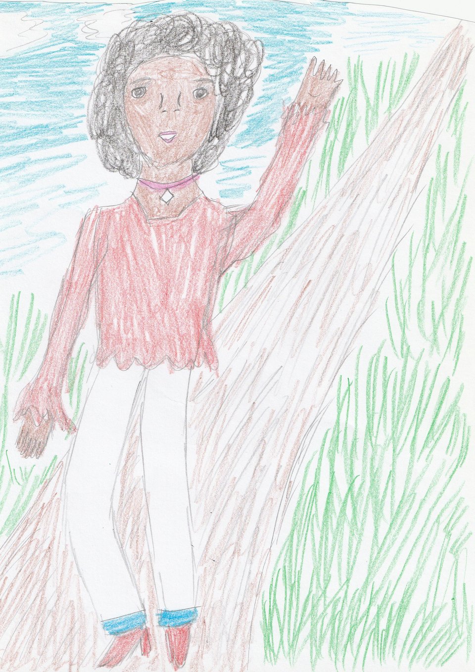 A young Black woman walks down a path, raising her hand. She looks confident and smiles at you, and she wears a reddish shirt and white pants.