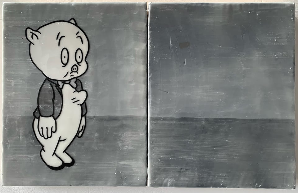 A two panel painting. The left panel contains a pig wearing a sportsjacket, but no pants, with his heart jumping out of his chest. The right panel is empty. It's very depressing.