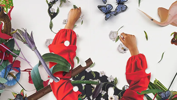 a detail image of a photo collage featuring hands manipulating cutout pictures of flowers on a white background