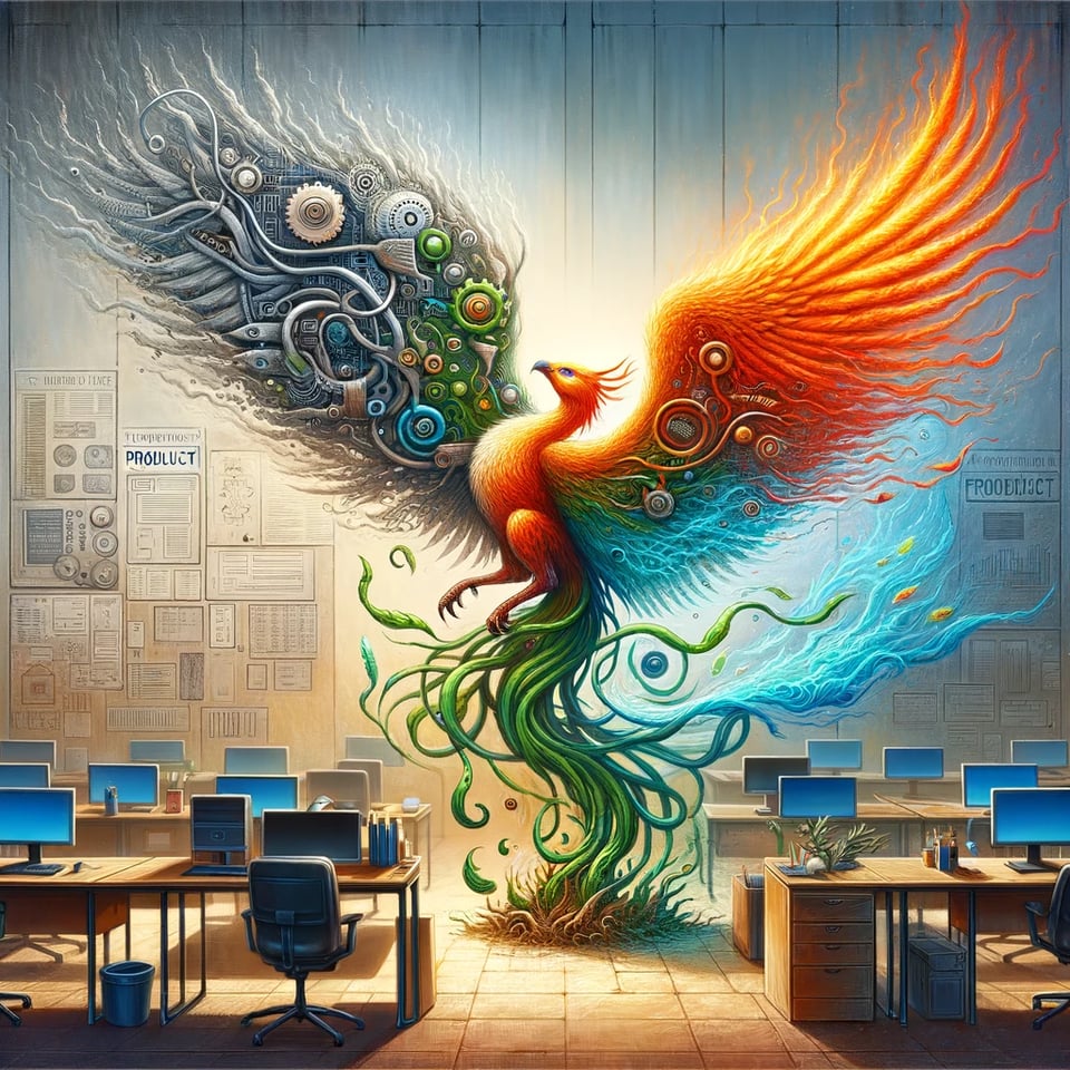 a mythical phoenix rising from an office environment, symbolizing transformation and rebirth. The phoenix's tail feathers transition into digital elements like code and API endpoints, while its wings are adorned with gears and circuitry. The creature is partially wrapped in a product box, unraveling to reveal its form, surrounded by office items