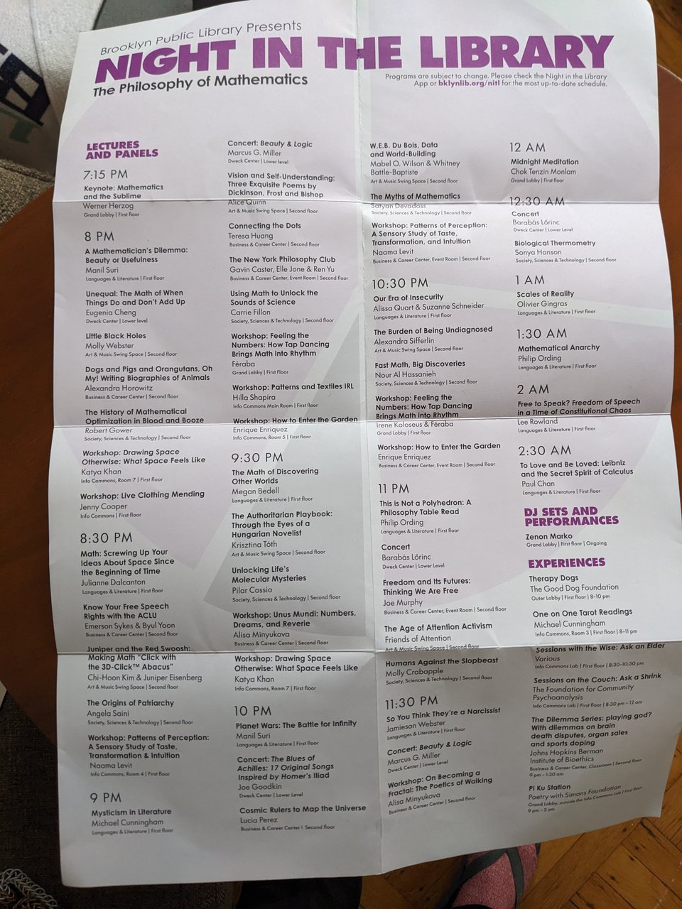 the inside of the pamplet for the Night in the Library, showing a very extensive schedule of sessions, talks, and more.