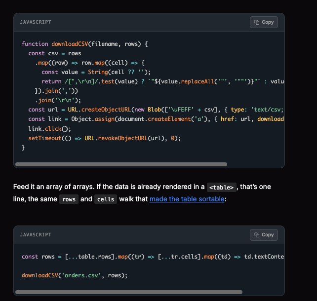 Skip the CSV export library: 12 lines of vanilla JS