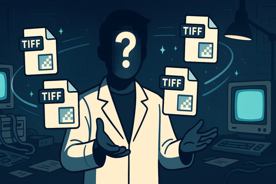 Newsletter cover, flat-cartoon 16:9: a mysterious figure in a lab coat stands mid-torso in a dark retro computer workshop. Their face is hidden by a glowing question mark. Cyan CRTs cast rim light while several “TIFF” file icons—with folded corners and tiny checkerboard patches—orbit their hands with faint motion streaks. Clean negative space at the top for the title.