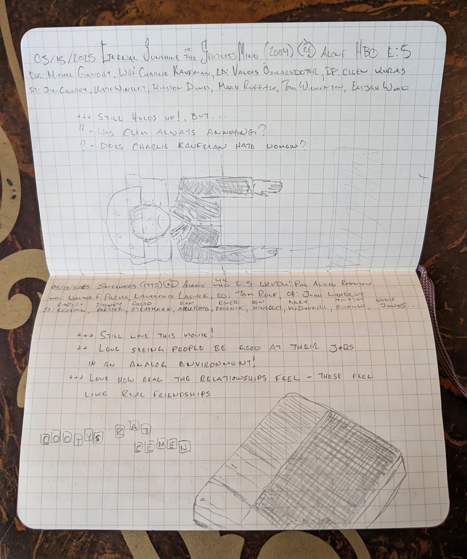 A quad-ruled notebook with handwritten notes/drawings about the movies Eternal Sunshine of the Spotless Mind, and Sneakers.