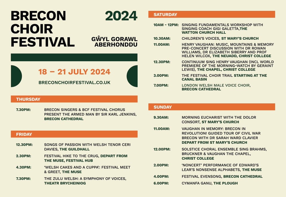 Image of the Festival programme containing details at https://www.breconchoirfestival.co.uk/2024-programme