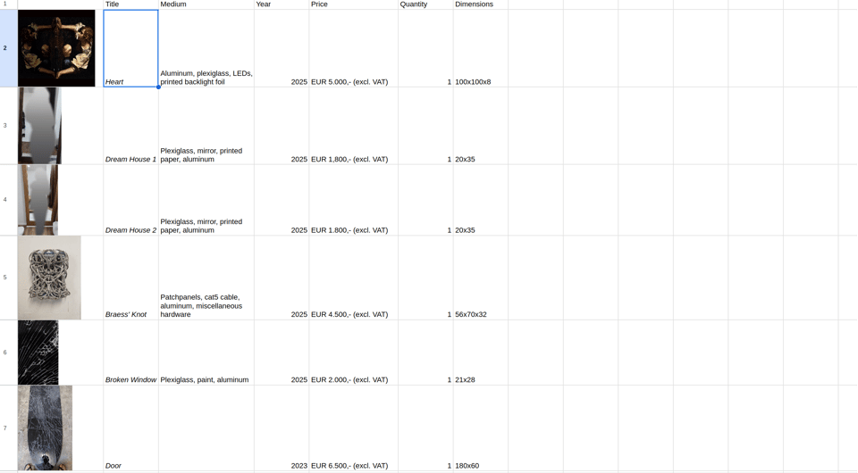 A screenshot of a spreadsheet, most of the text is probably not readable, but the very small preview images of the work show a broken phone screen, another wrapped cable sculpture, and Caravaggio's Narcissus turned horizontally