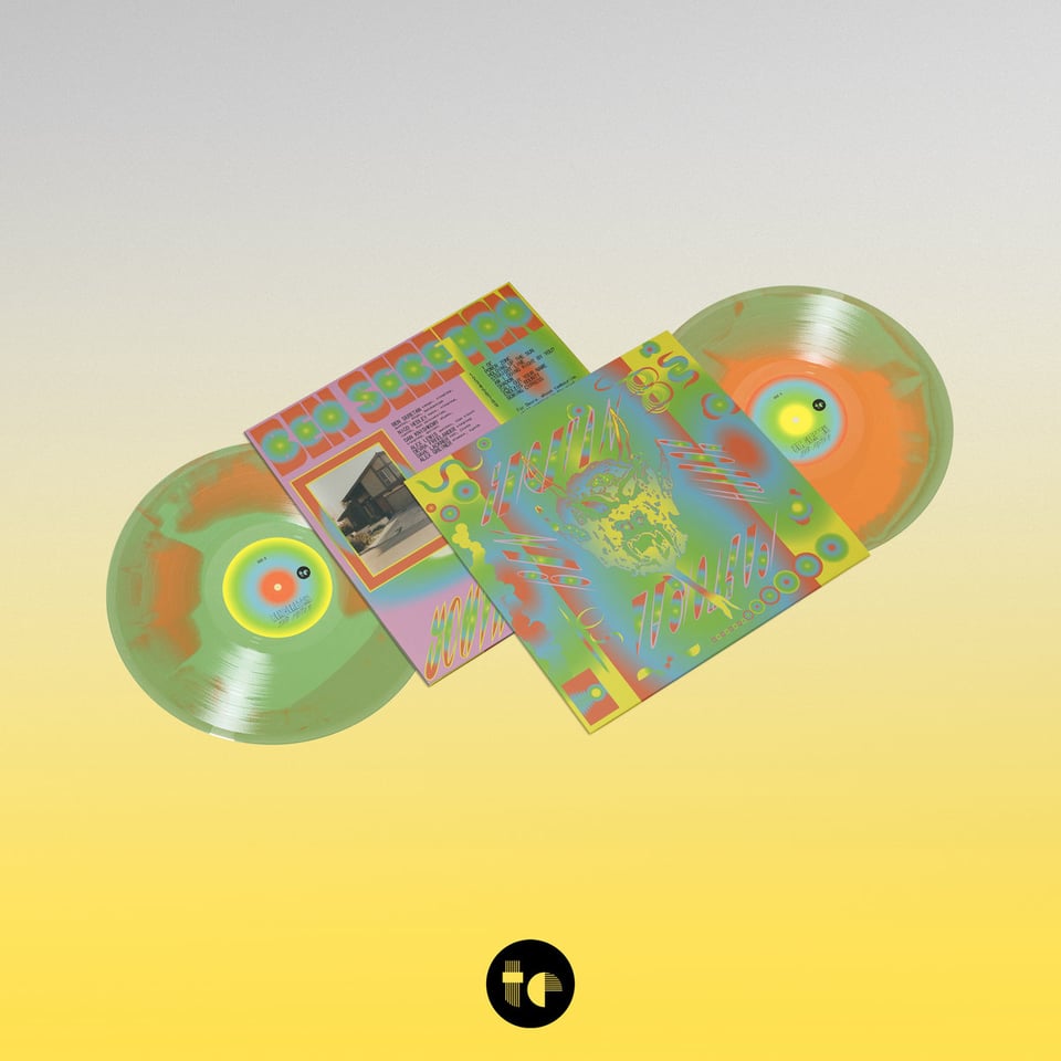 a mockup of what the finished vinyl will look like - orange and green swirled LPs with the album art front and back on a yellow gradient background