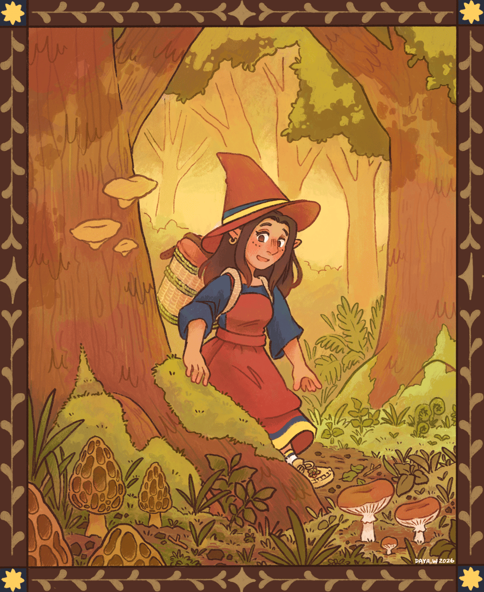 Cute digital art with lots of red and green tones showing a witch walking through the woods. There are lots of mushrooms on the ground and she has a basket on her back.