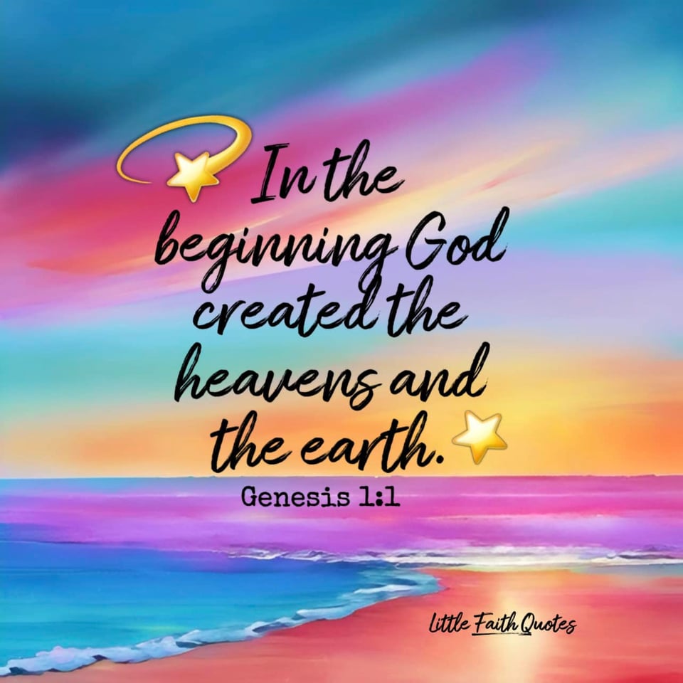 "In the beginning God created the heavens and the earth." ~Genesis 1:1. The sun sets in a pastel pink and blue sky, and over a bright pastel blue and pink ocean. Image by: @Little Faith Quotes.