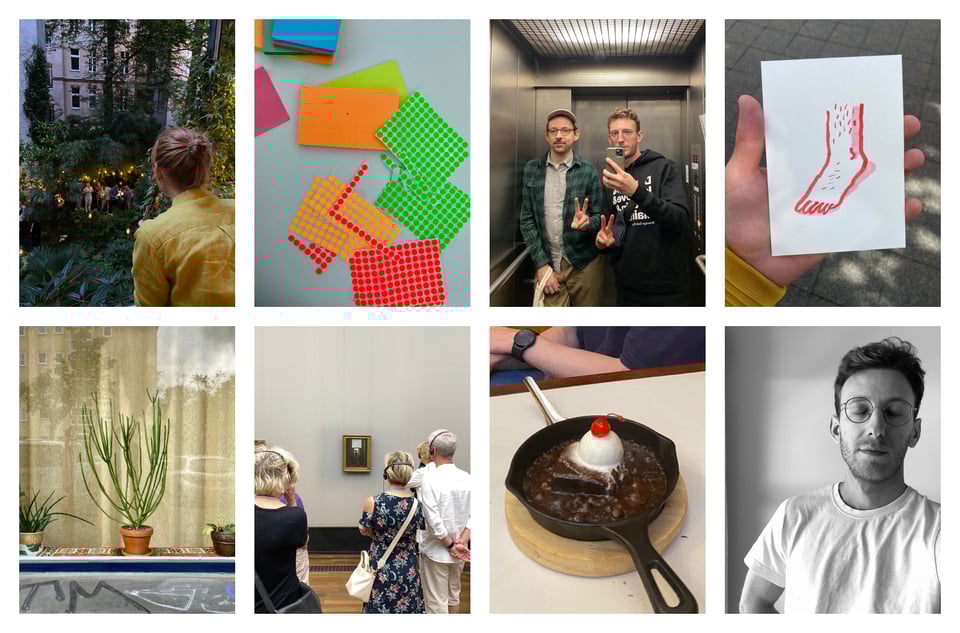 Collage aus dem Juni: Postits, Zeichnung eines Fußes, Sizzling Brownie, Selfie