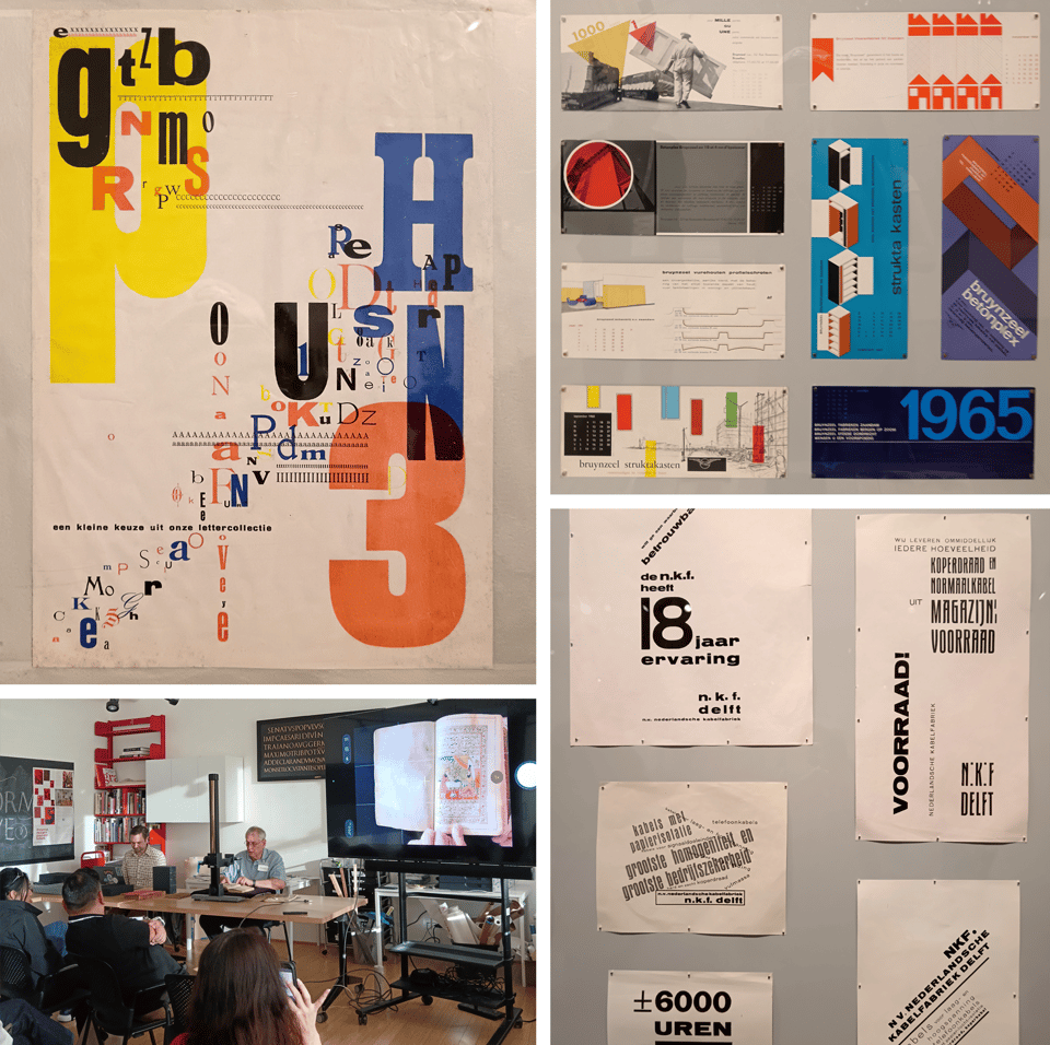 Top left, center and right: Piet Zwart's work. Bottom right: Rob and Stephen showing us manuscripts and special items in the collection.