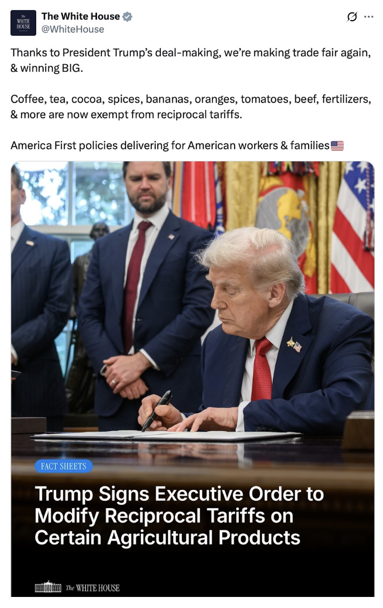 Image from the WH Twitter feed about walking back some of the tariffs