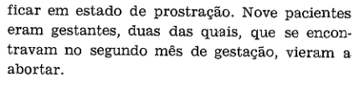 paper screenshot: "Nove pacientes eram gestantes, duas das quais, que se encontravam no segundo mês de gestação, vieram a abortar."