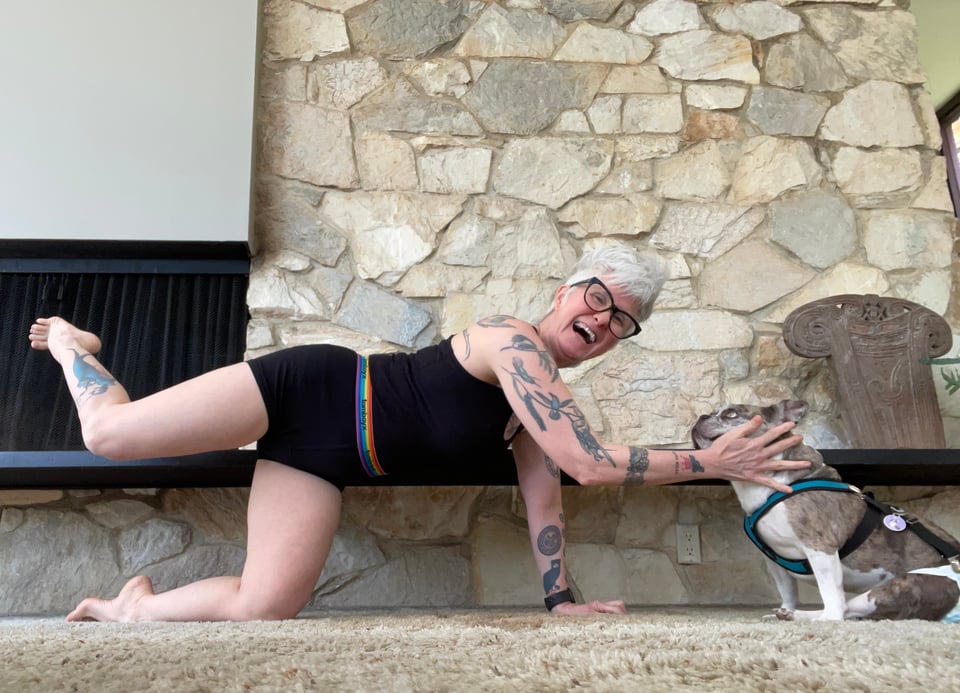 Me now, replicating the pose from the previous photo with my French Bulldog