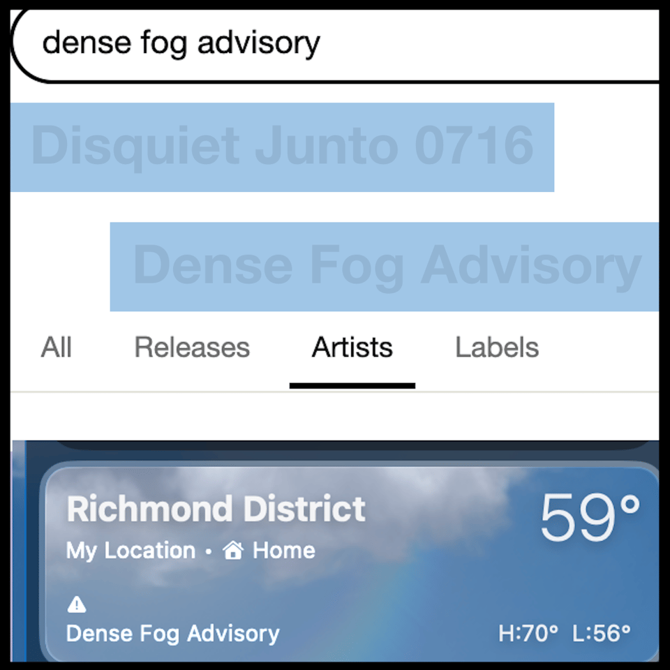 This is a collage of a weather alert and a Discogs.com search result, plus the name and number of the project