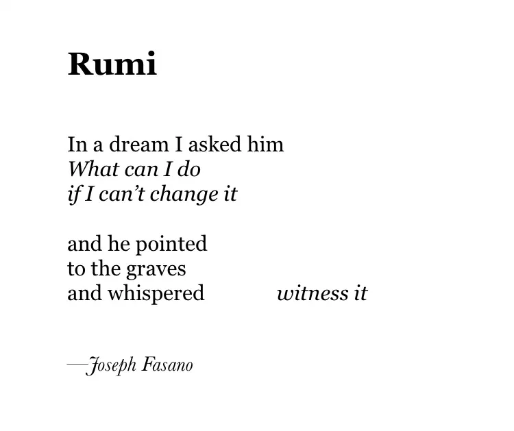 Screenshot of poem, Rumi, by Joseph Fasano:
In a dream I asked him
What can I do
if I can't change it
and he pointed
to the graves
and whispered witness it
- Joseph Fasano