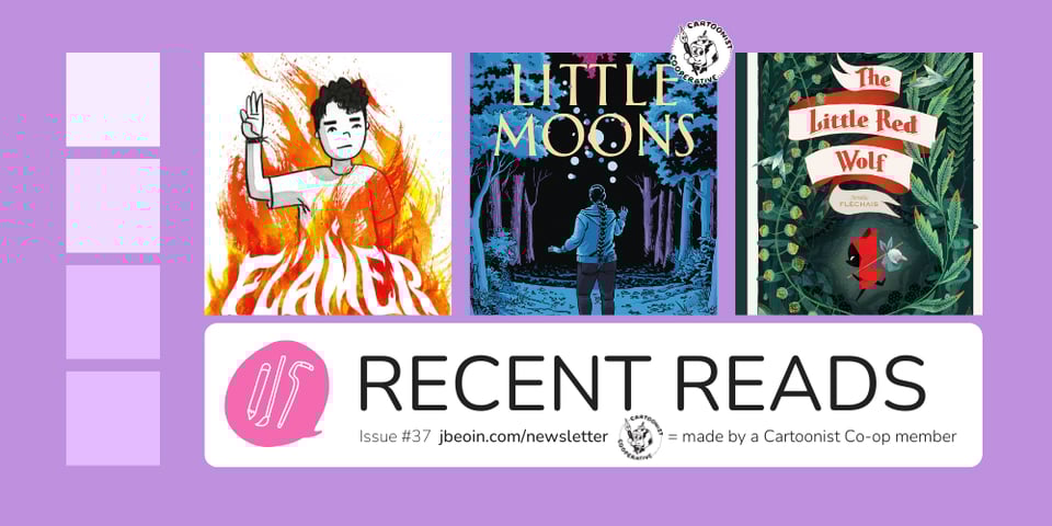 A purple graphic showcasing three comics from Issue 37's Recent Reads section. The titles are Flamer; Little Moons; and The Little Red WOlf. The title Little Moons is indicated as a comic created by a Cartoonist Cooperative member.