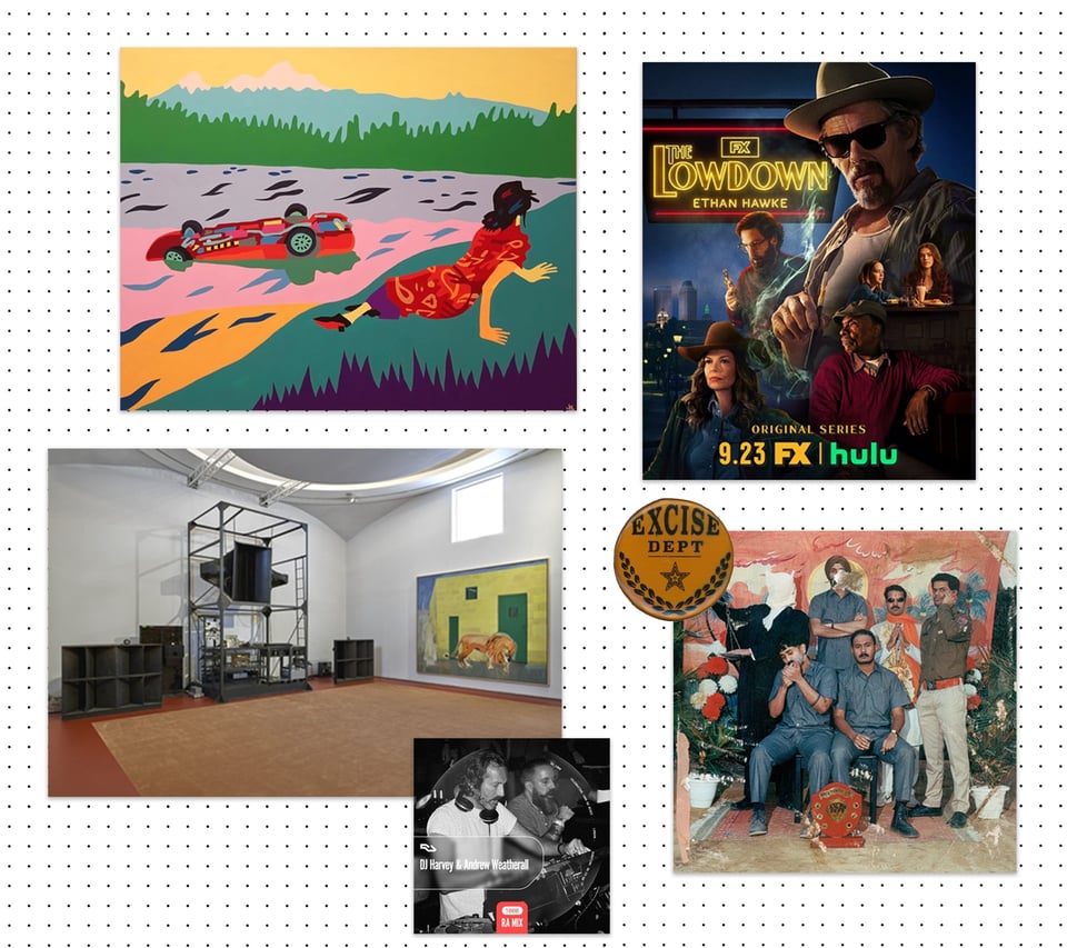 Collage of five images: stylized illustration of person in red dress reaching toward red car against colorful landscape, The Lowdown TV series poster featuring Ethan Hawke in fedora and sunglasses, minimalist gallery interior with contemporary paintings and black sculptural elements, black and white photo of DJ Harvey and Andrew Weatherall at turntables, and retro photograph of EXCISE DEPT collective members posed in front of painted backdrop with orange department seal logo