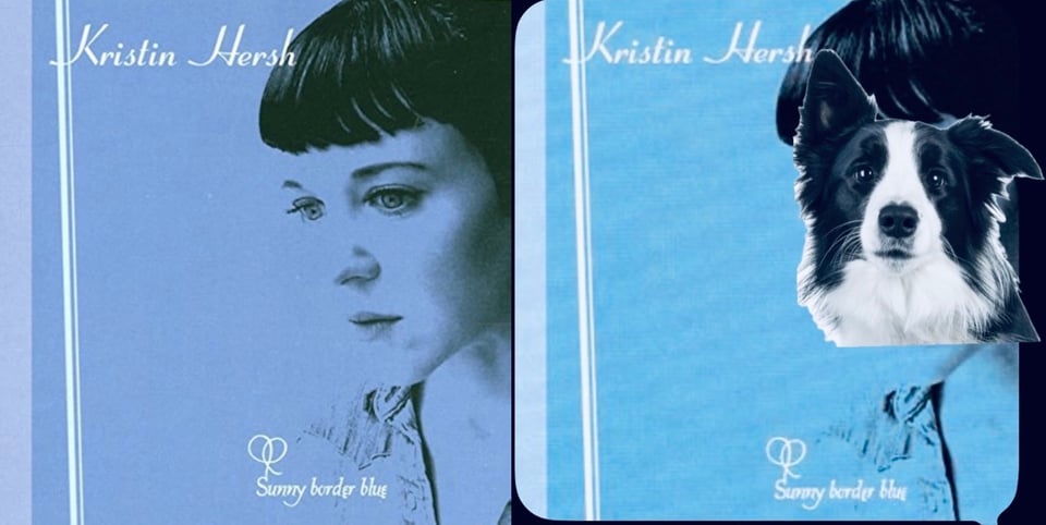 A close-up of Kristin Hersh, a white woman with dark hair and short bangs. The photo is colored completely blue. She looks to the left with a thoughtful look on her face.